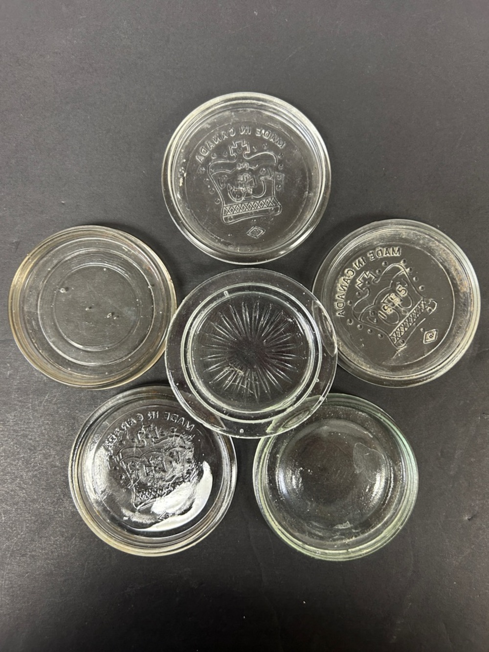 Vintage set of six 3” clear glass canning jar lids